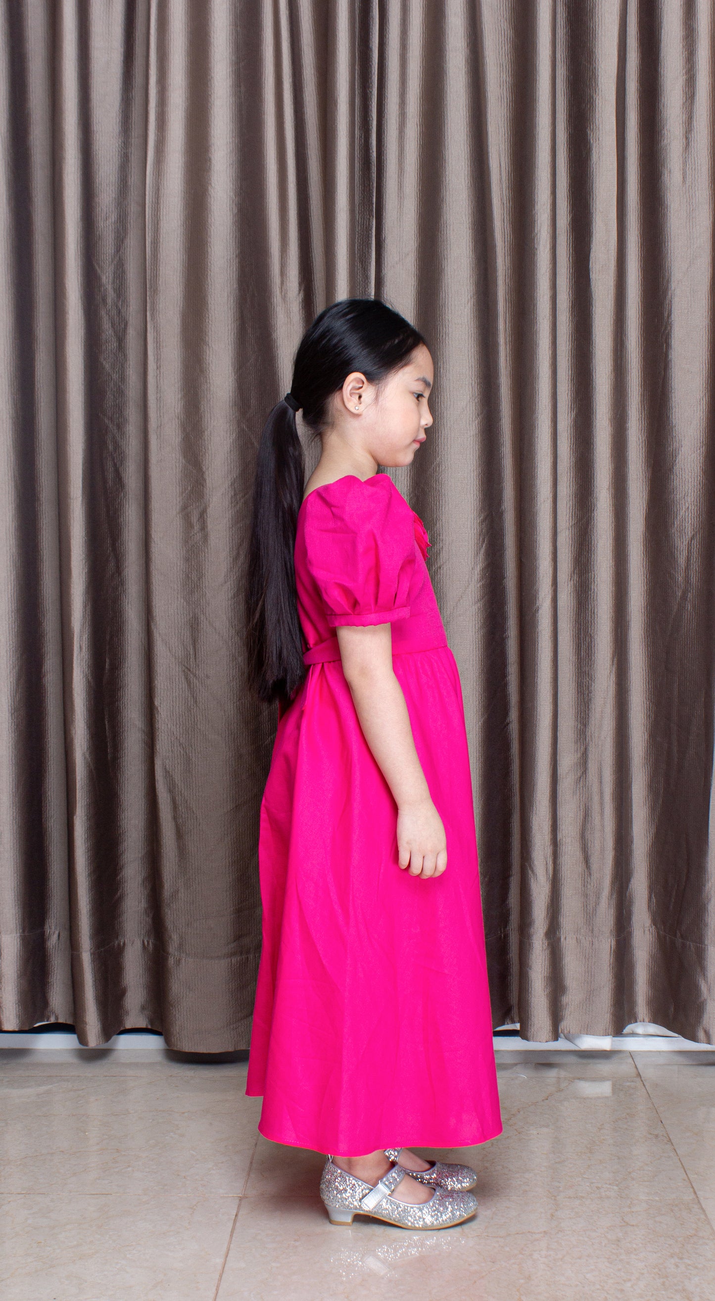 Puff Sleeve Maxi Dress with Florets in Fuchsia