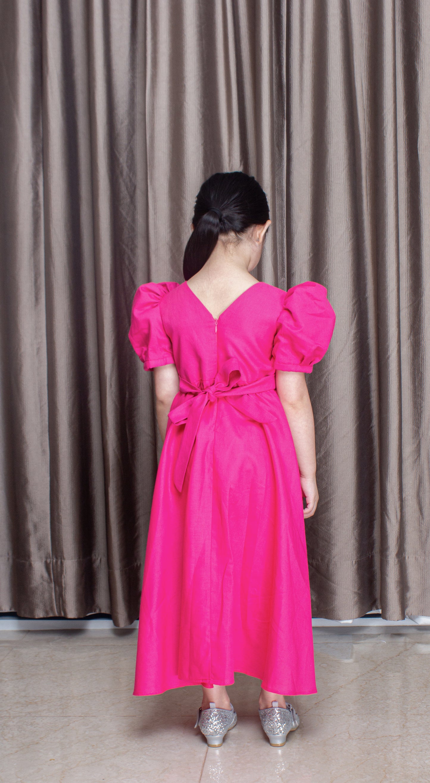 Puff Sleeve Maxi Dress with Florets in Fuchsia