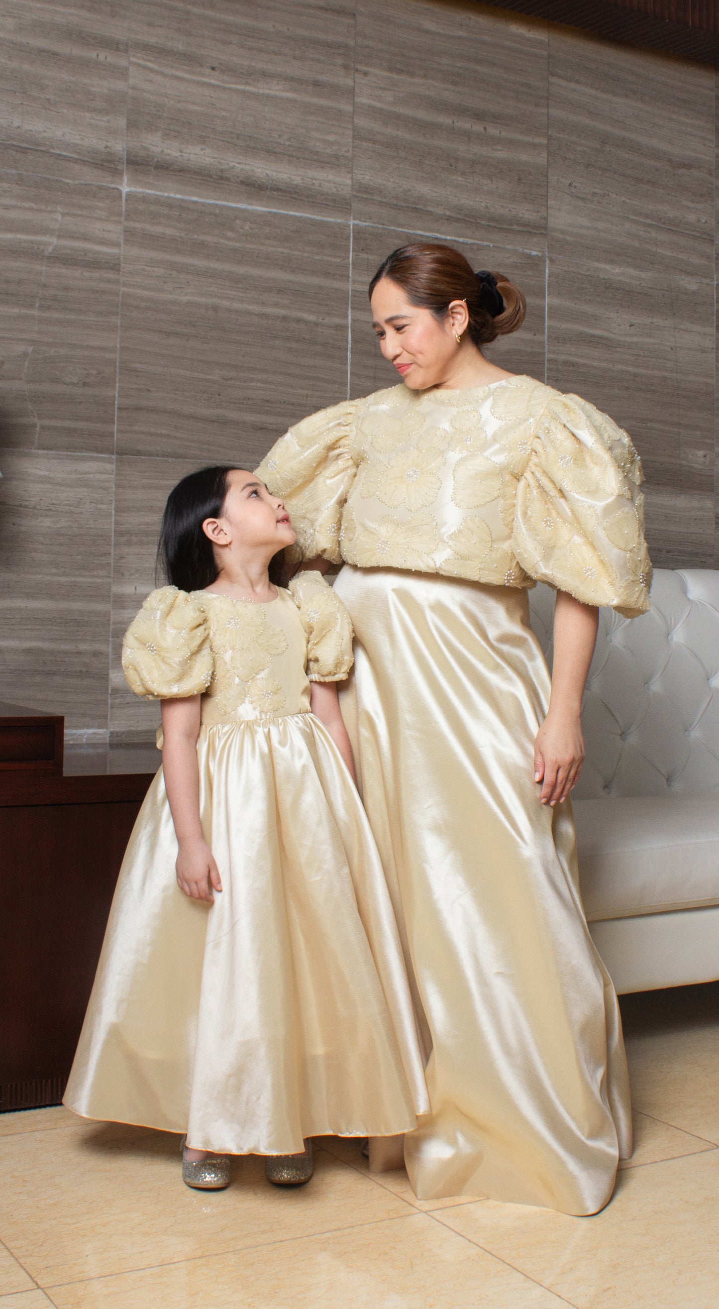 Light Gold Taffeta Beige Lace Beaded Floor Length Balloon Dress