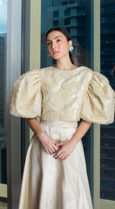 Light Gold Taffeta Beige Lace Puff-Sleeve Open Back Top