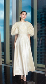 Load image into Gallery viewer, Light Gold Taffeta Beige Lace Puff-Sleeve Open Back Top
