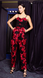 Load image into Gallery viewer, Double Front E-Pleat Ribbon Sweetheart Baggy Jumpsuit - Red and Black Heavy Lace
