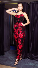 Load image into Gallery viewer, Double Front E-Pleat Ribbon Sweetheart Baggy Jumpsuit - Red and Black Heavy Lace
