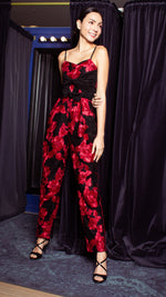 Load image into Gallery viewer, Double Front E-Pleat Ribbon Sweetheart Baggy Jumpsuit - Red and Black Heavy Lace
