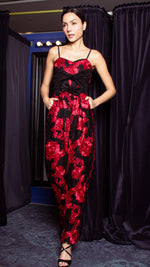 Load image into Gallery viewer, Double Front E-Pleat Ribbon Sweetheart Baggy Jumpsuit - Red and Black Heavy Lace
