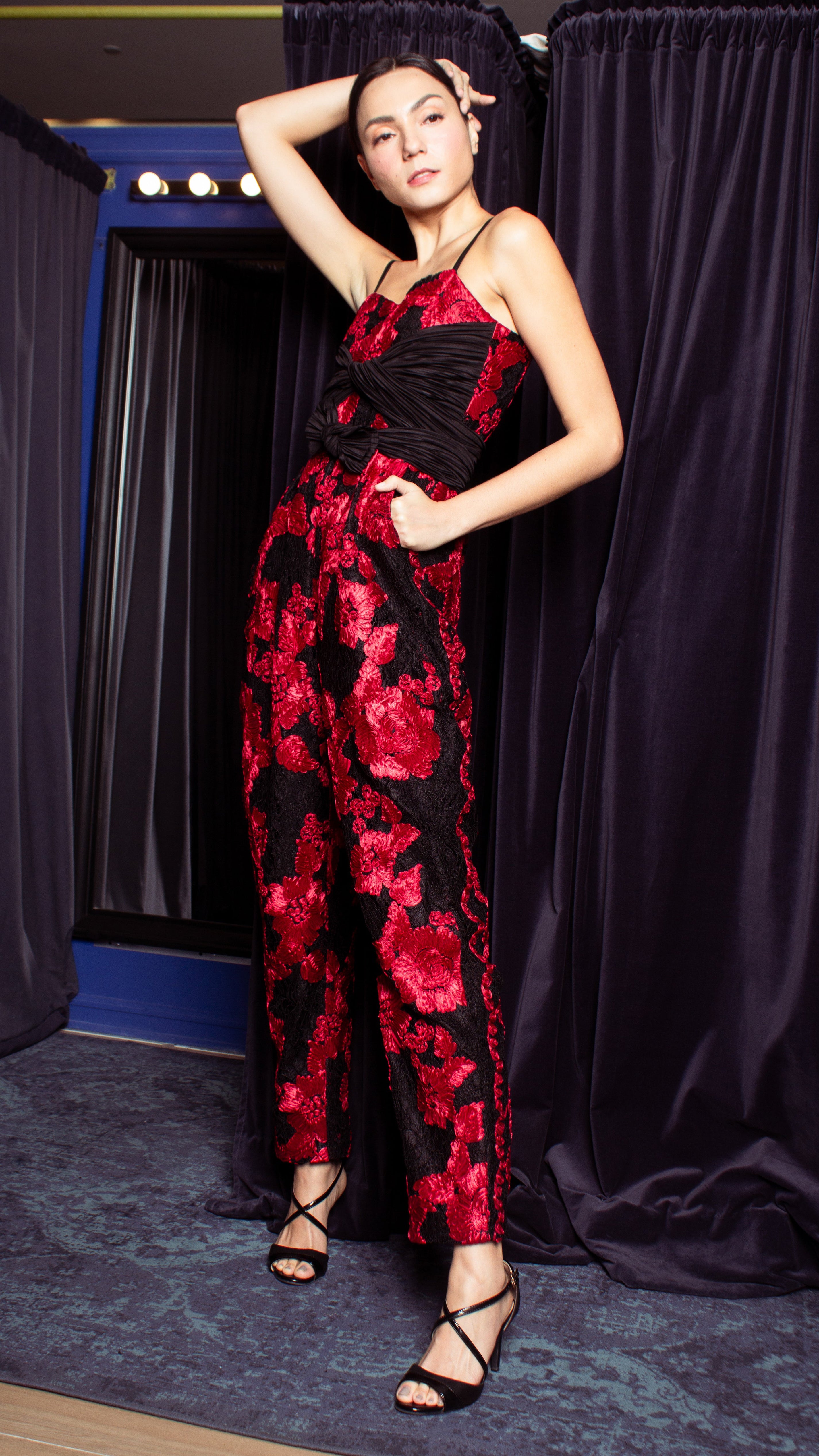 Double Front E-Pleat Ribbon Sweetheart Baggy Jumpsuit - Red and Black Heavy Lace