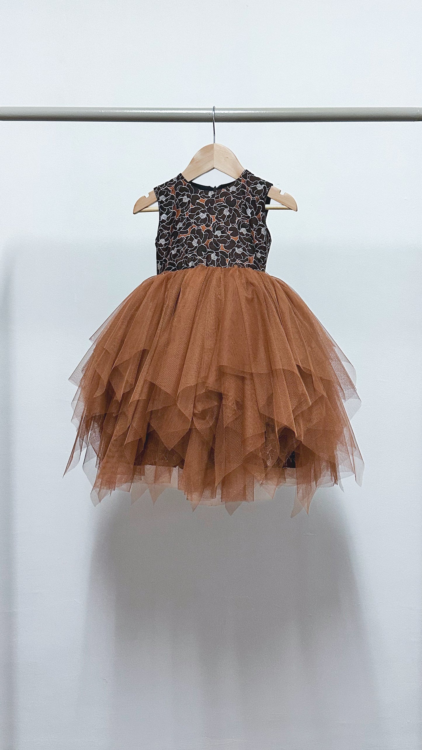 Sleeveless Midi Uneven Hem Tulle Dress - Brown Floral Satin