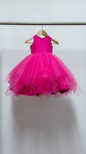 Sleeveless Midi Uneven Hem Tulle Dress - Hot Pink Linen