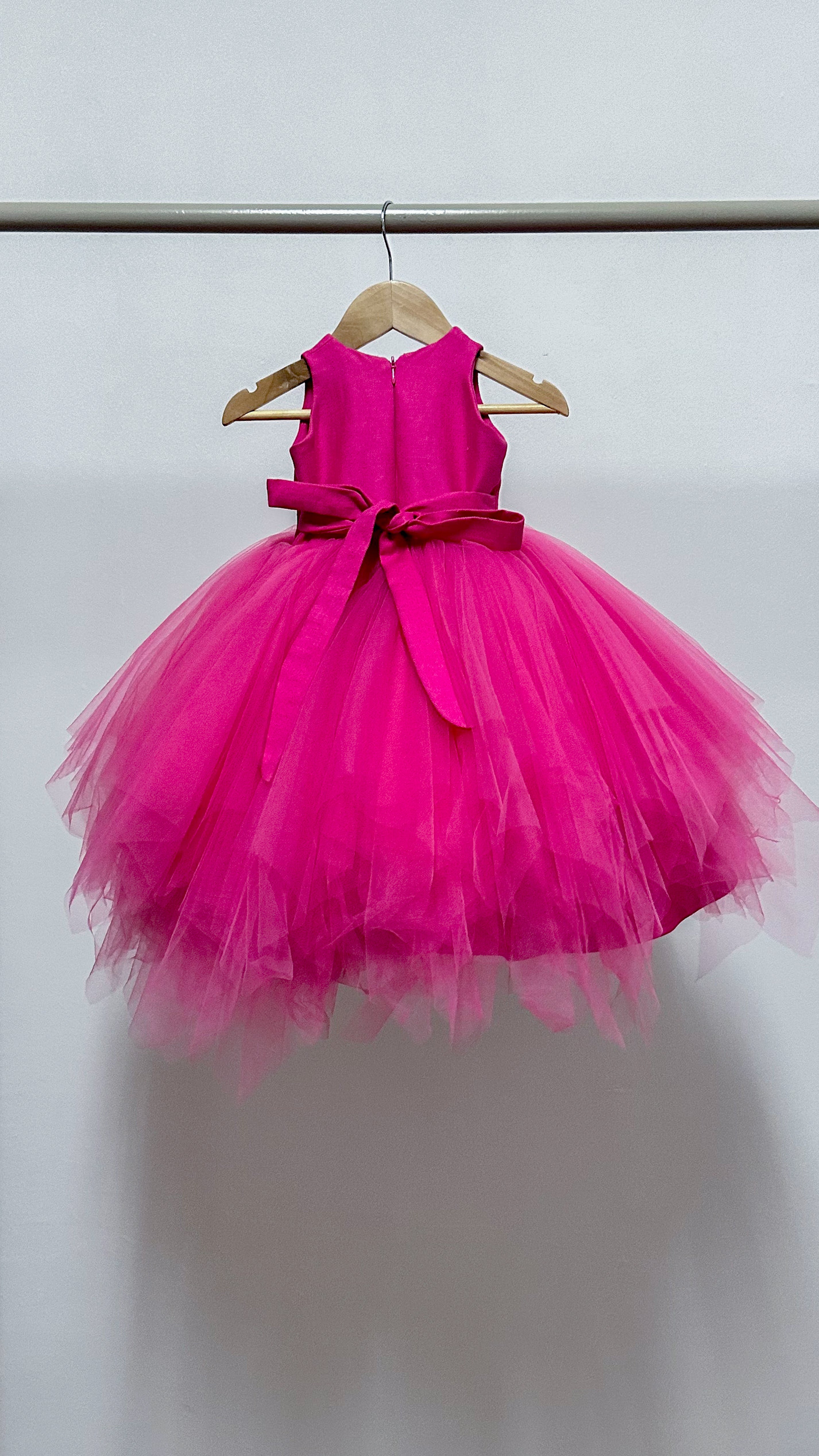 Sleeveless Midi Uneven Hem Tulle Dress - Hot Pink Linen