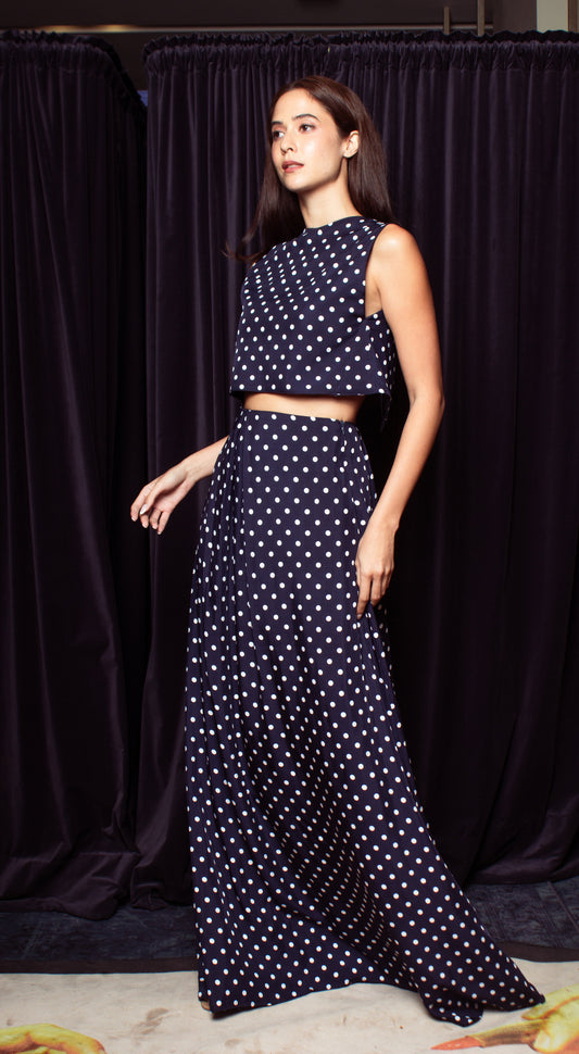 Front and Back Pleated Versatile Long Skirt - Blue-Based Polka Dot