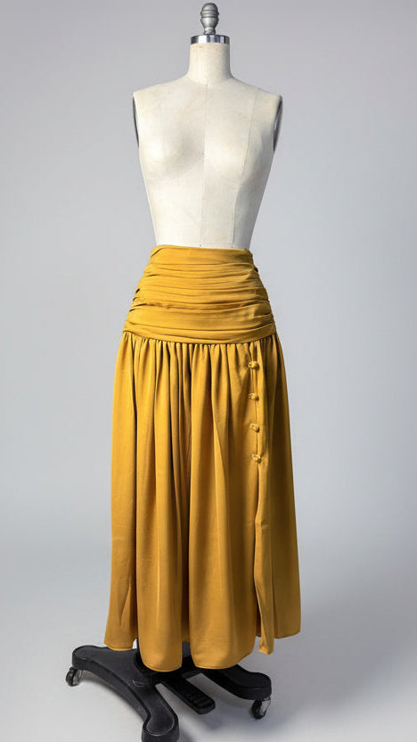 Shirred Waist-to-Hem Skirt with Front Buttoned Slit in Mustard Silk