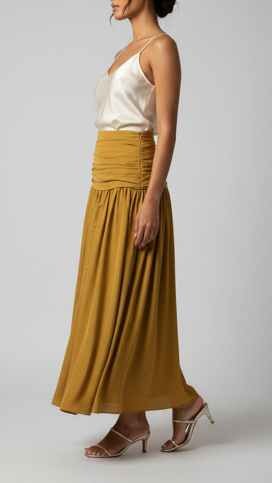 Shirred Waist-to-Hem Skirt with Front Buttoned Slit in Mustard Silk