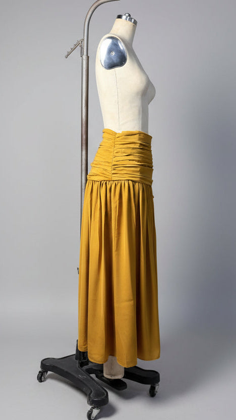 Shirred Waist-to-Hem Skirt with Front Buttoned Slit in Mustard Silk