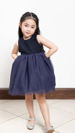 Load image into Gallery viewer, Sleeveless Midi Tulle Dress - Navy Blue Tweed
