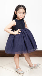 Load image into Gallery viewer, Sleeveless Midi Tulle Dress - Navy Blue Tweed
