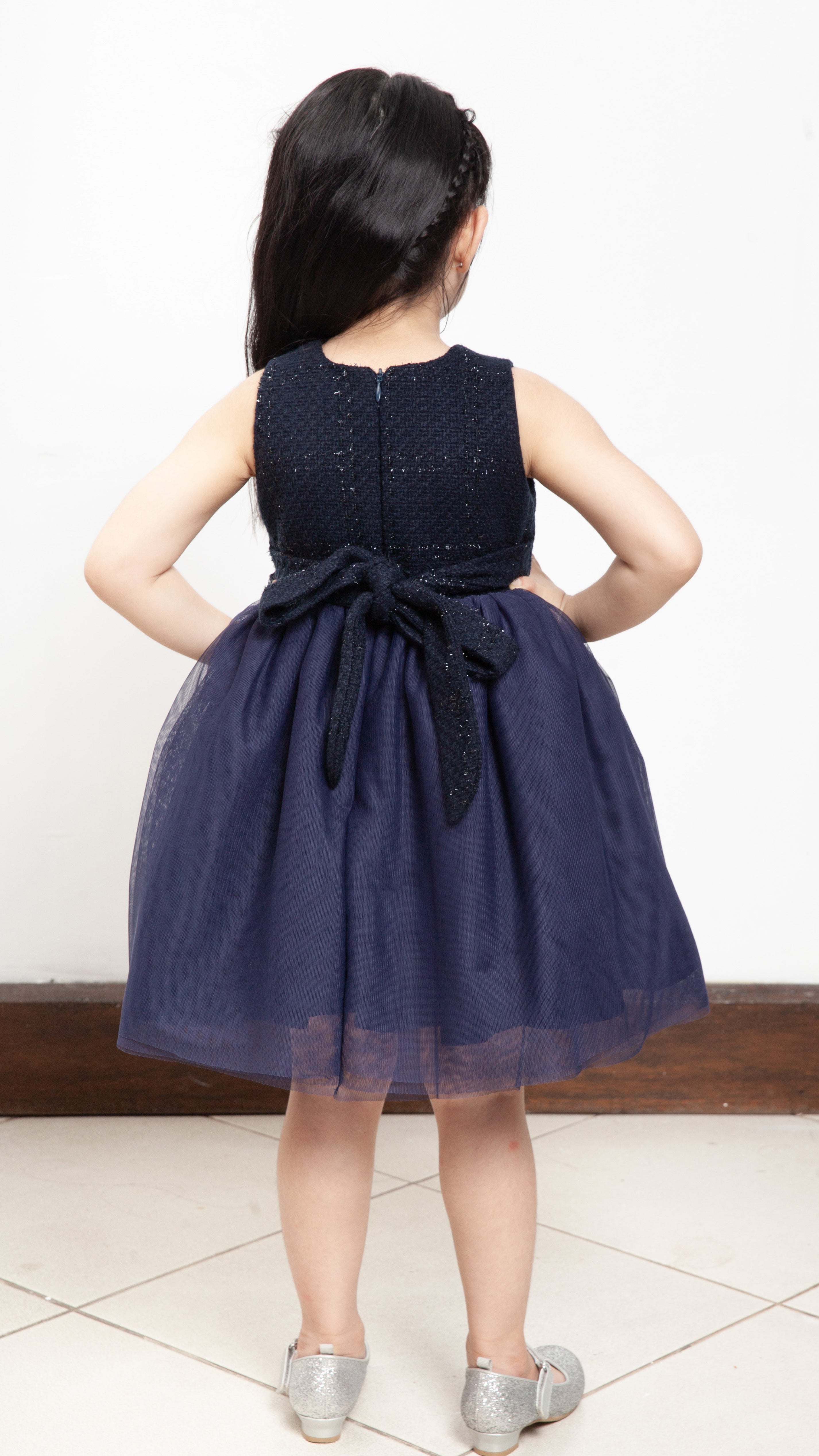 Sleeveless Midi Tulle Dress - Navy Blue Tweed