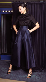 Load image into Gallery viewer, High Waist Double MOP Wide Hem Pants - Shimmery Navy Blue Gazar
