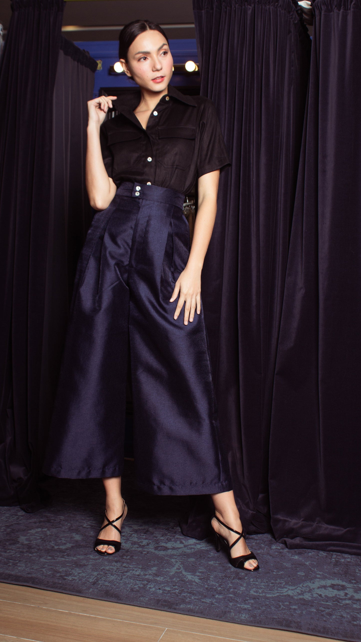 High Waist Double MOP Wide Hem Pants - Shimmery Navy Blue Gazar