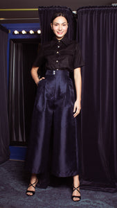 High Waist Double MOP Wide Hem Pants - Shimmery Navy Blue Gazar