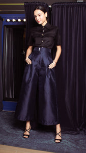 High Waist Double MOP Wide Hem Pants - Shimmery Navy Blue Gazar