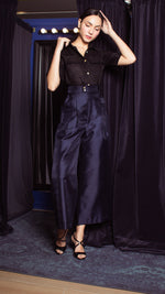 Load image into Gallery viewer, High Waist Double MOP Wide Hem Pants - Shimmery Navy Blue Gazar
