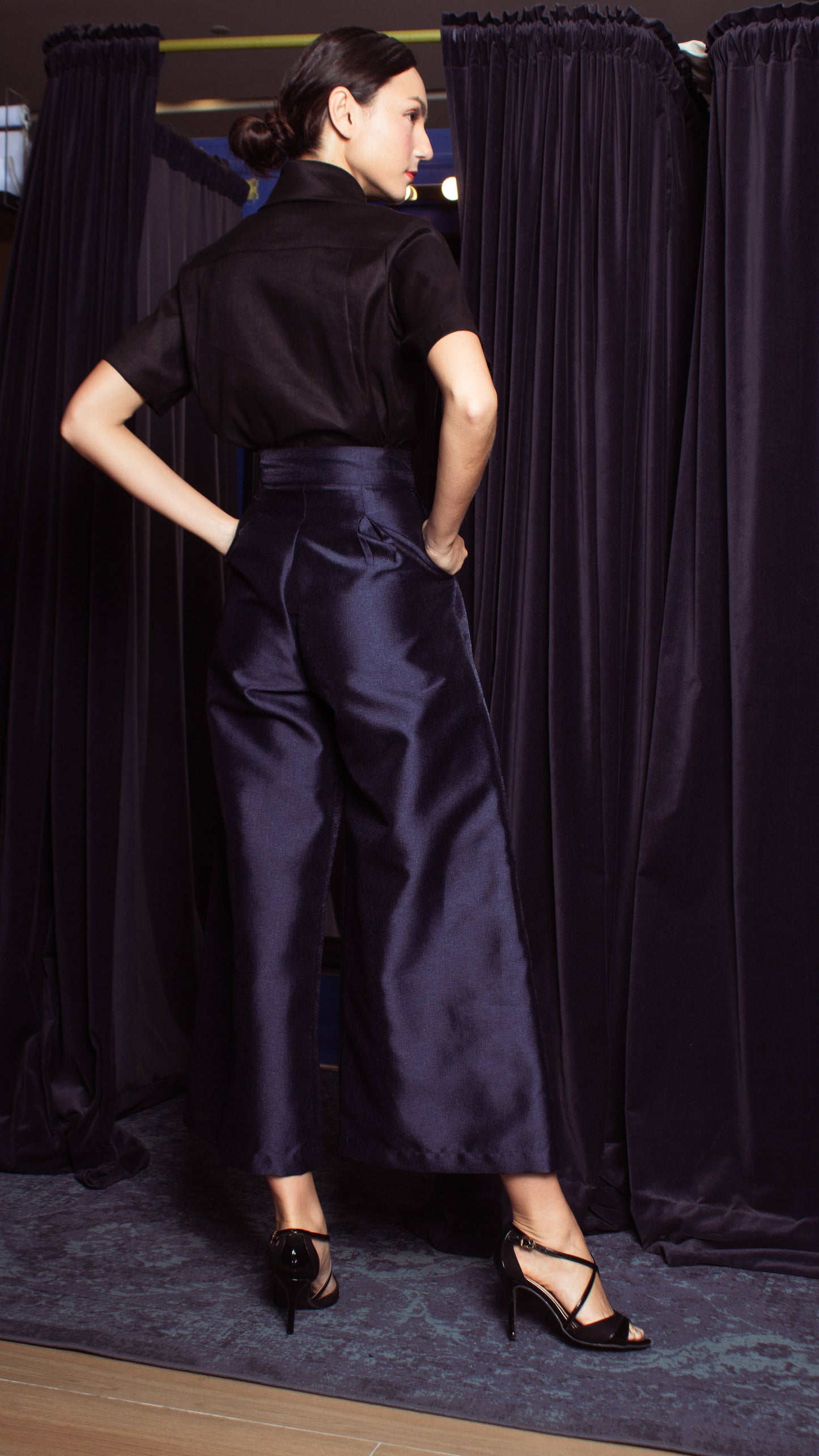 High Waist Double MOP Wide Hem Pants - Shimmery Navy Blue Gazar