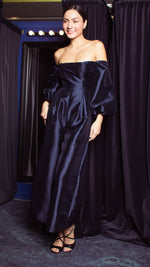 Load image into Gallery viewer, Off-Shoulder Wide Hem Jumpsuit - Shimmery Navy Blue Gazar
