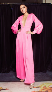 Deep V-Neck Front Pleat Wide Leg Jumpsuit - Neon Pink Crepe