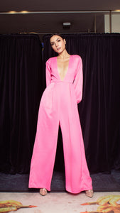 Deep V-Neck Front Pleat Wide Leg Jumpsuit - Neon Pink Crepe