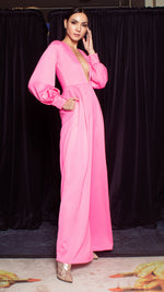 Load image into Gallery viewer, Deep V-Neck Front Pleat Wide Leg Jumpsuit - Neon Pink Crepe
