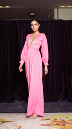 Load image into Gallery viewer, Deep V-Neck Front Pleat Wide Leg Jumpsuit - Neon Pink Crepe
