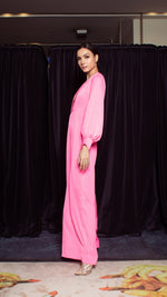 Load image into Gallery viewer, Deep V-Neck Front Pleat Wide Leg Jumpsuit - Neon Pink Crepe
