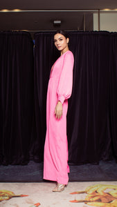 Deep V-Neck Front Pleat Wide Leg Jumpsuit - Neon Pink Crepe