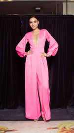 Load image into Gallery viewer, Deep V-Neck Front Pleat Wide Leg Jumpsuit - Neon Pink Crepe
