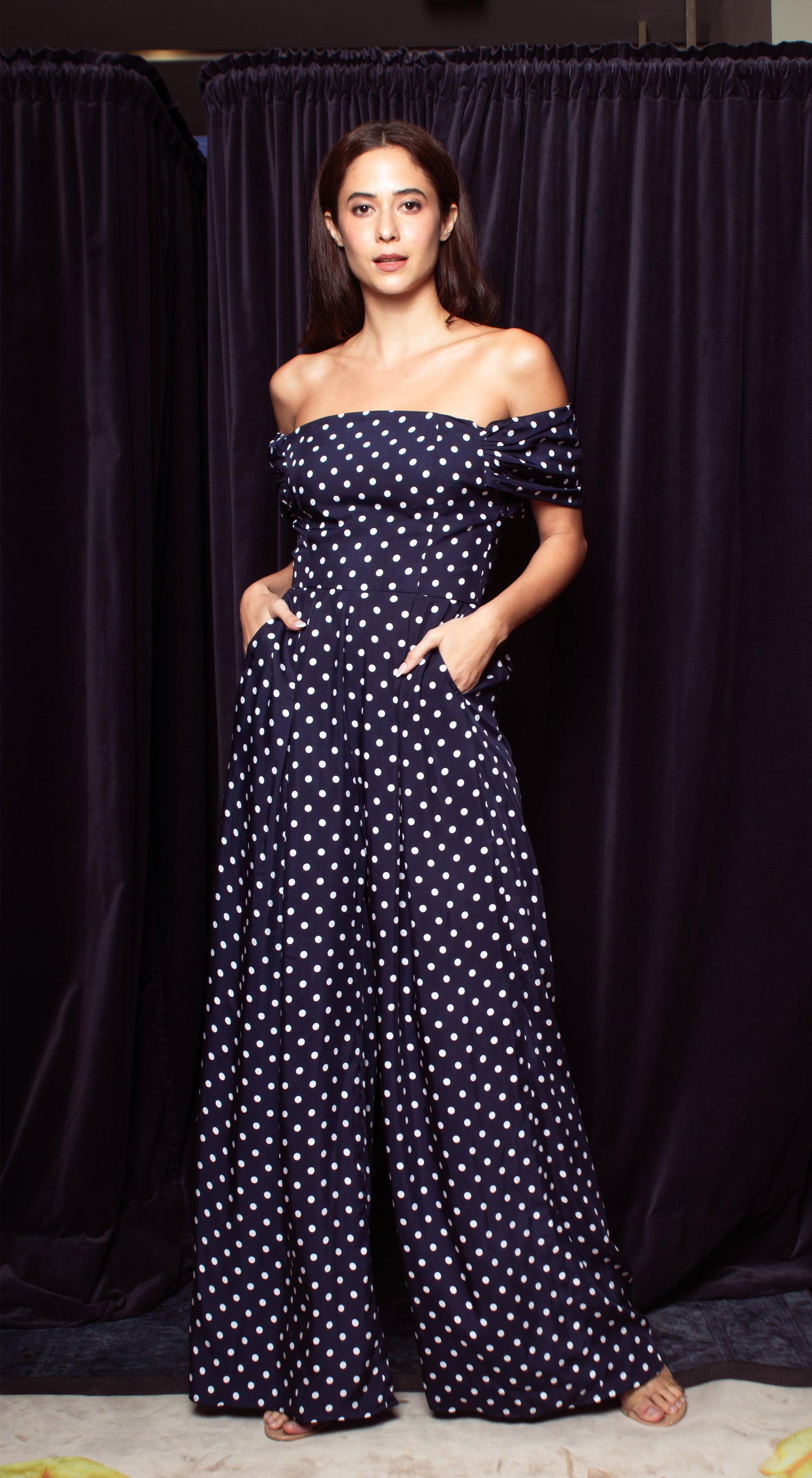 Pleated Sleeve Off Shoulder Wide Hem Jumpsuit - Blue-Based Polka Dot  (7”-sleeve length)