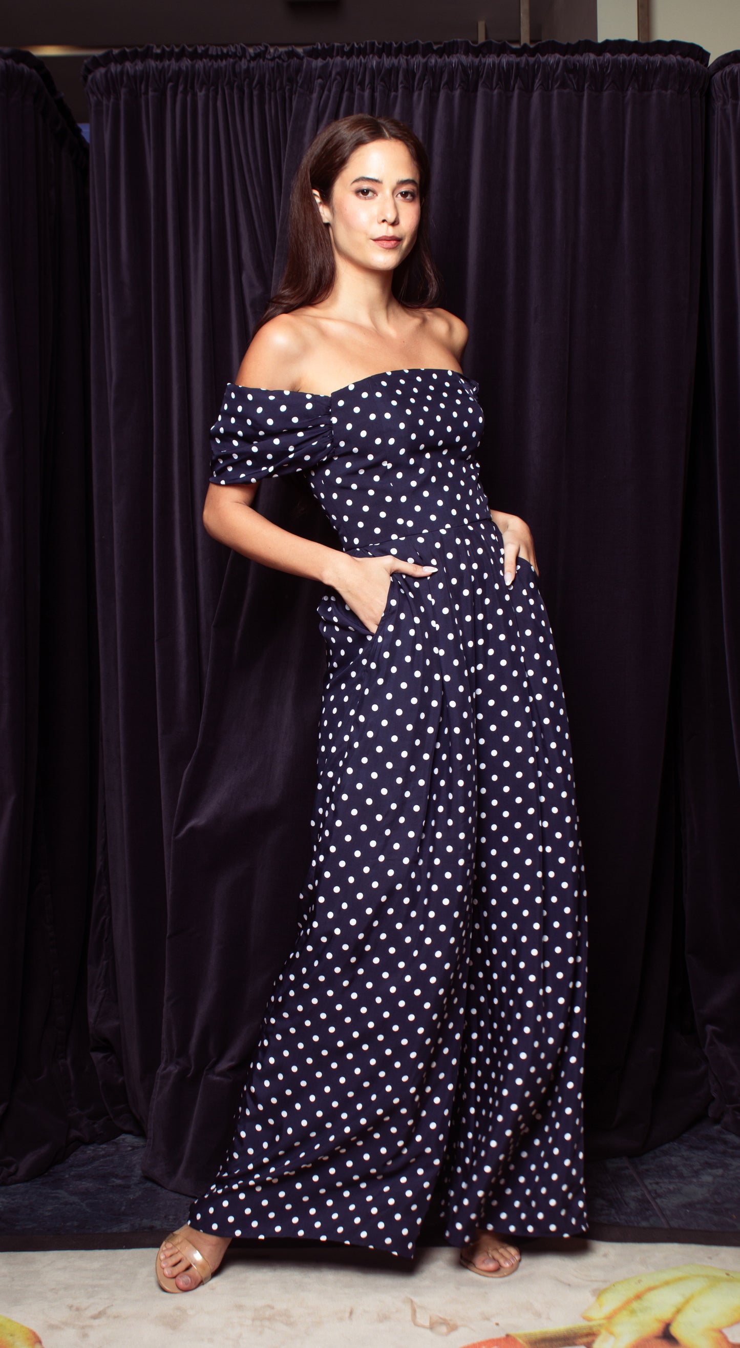 Pleated Sleeve Off Shoulder Wide Hem Jumpsuit - Blue-Based Polka Dot  (7”-sleeve length)