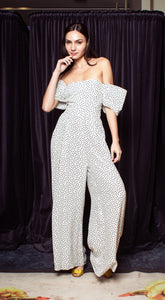 Pleated Sleeve Off Shoulder Wide Hem Jumpsuit - White-Based Polka Dot  (8”-sleeve length)