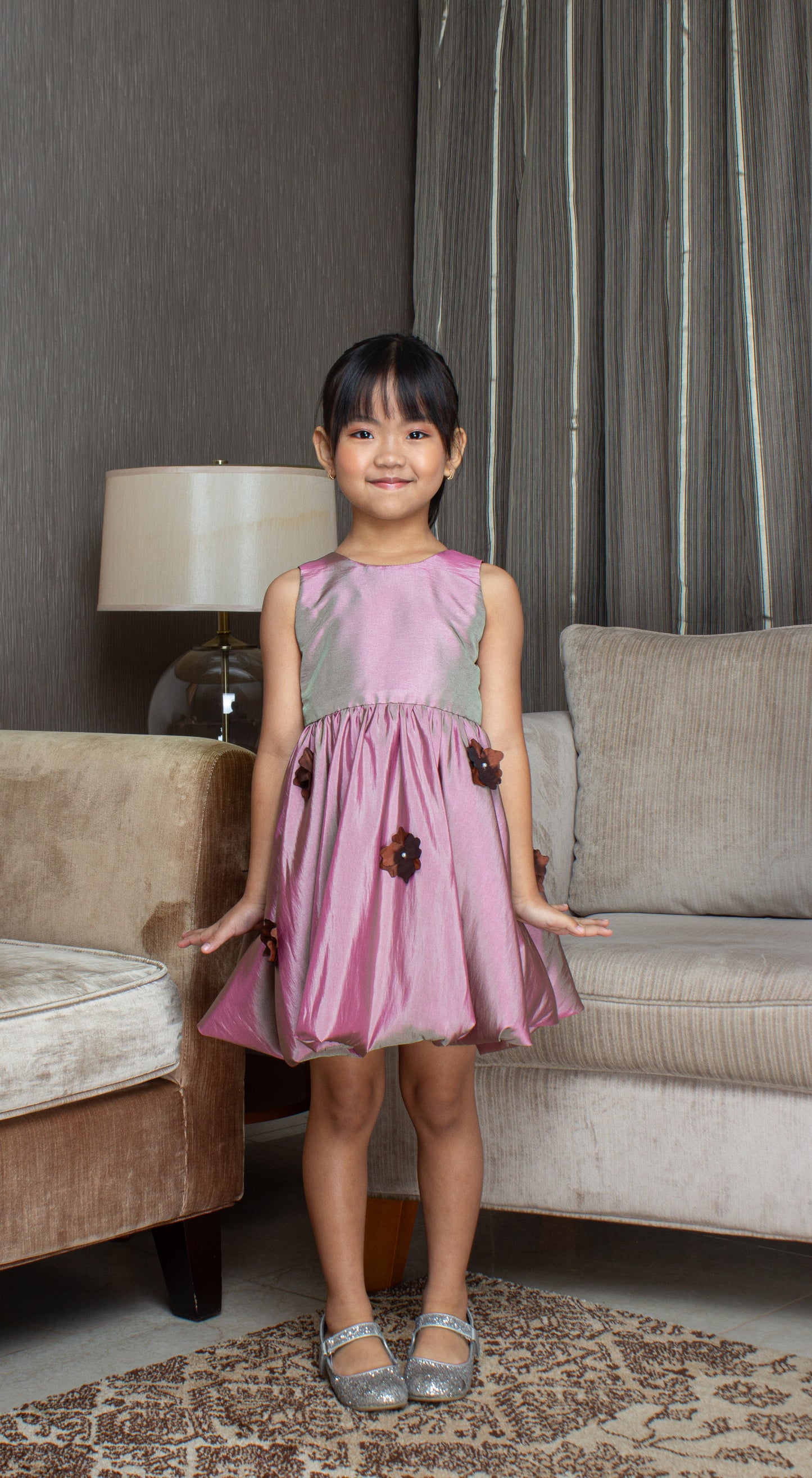 Sleeveless Mushroom Dress with Florets -  Old Rose