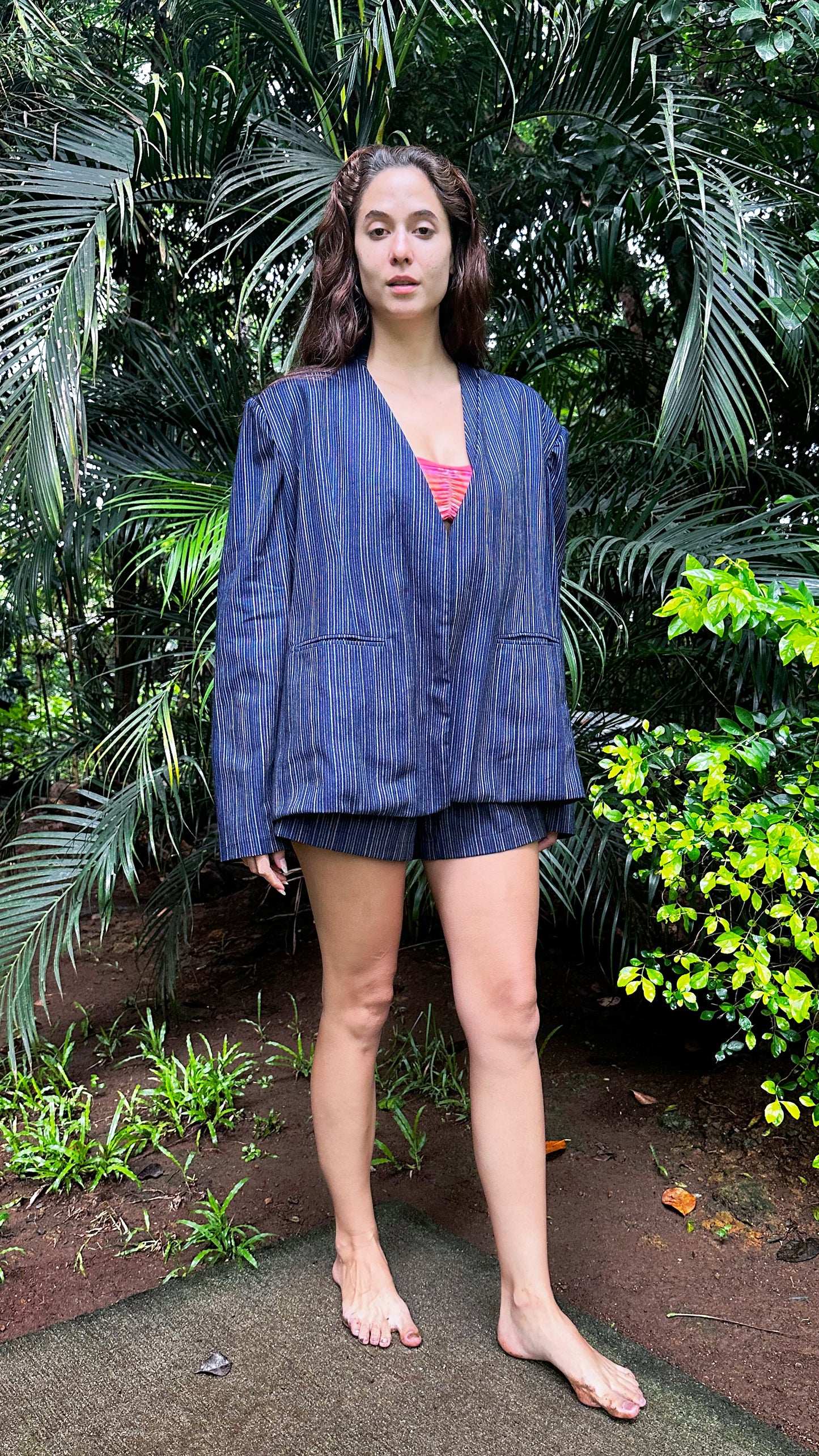 Oversized V-Neck Blazer - Navy Blue Multi-Color Stripe