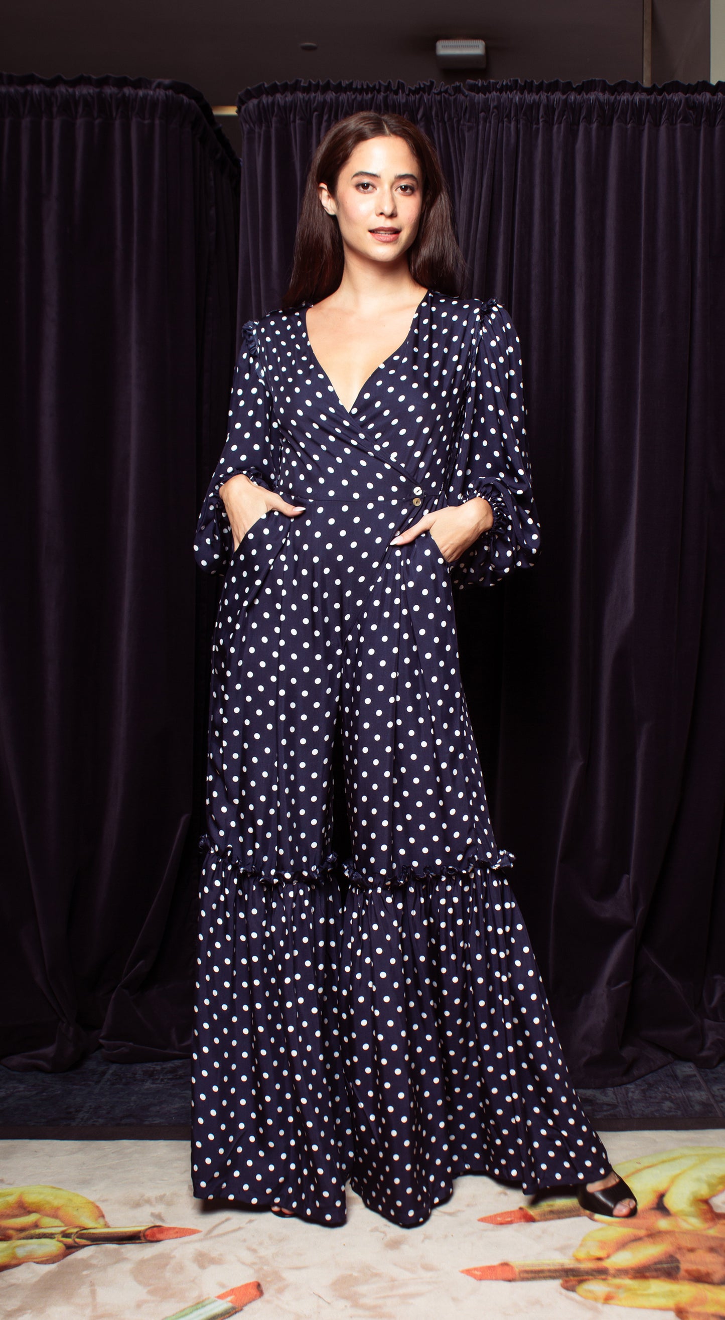 Front Wrap Jumpsuit Shirred Pants with Detachable Belt - Blue-Based Polka Dot