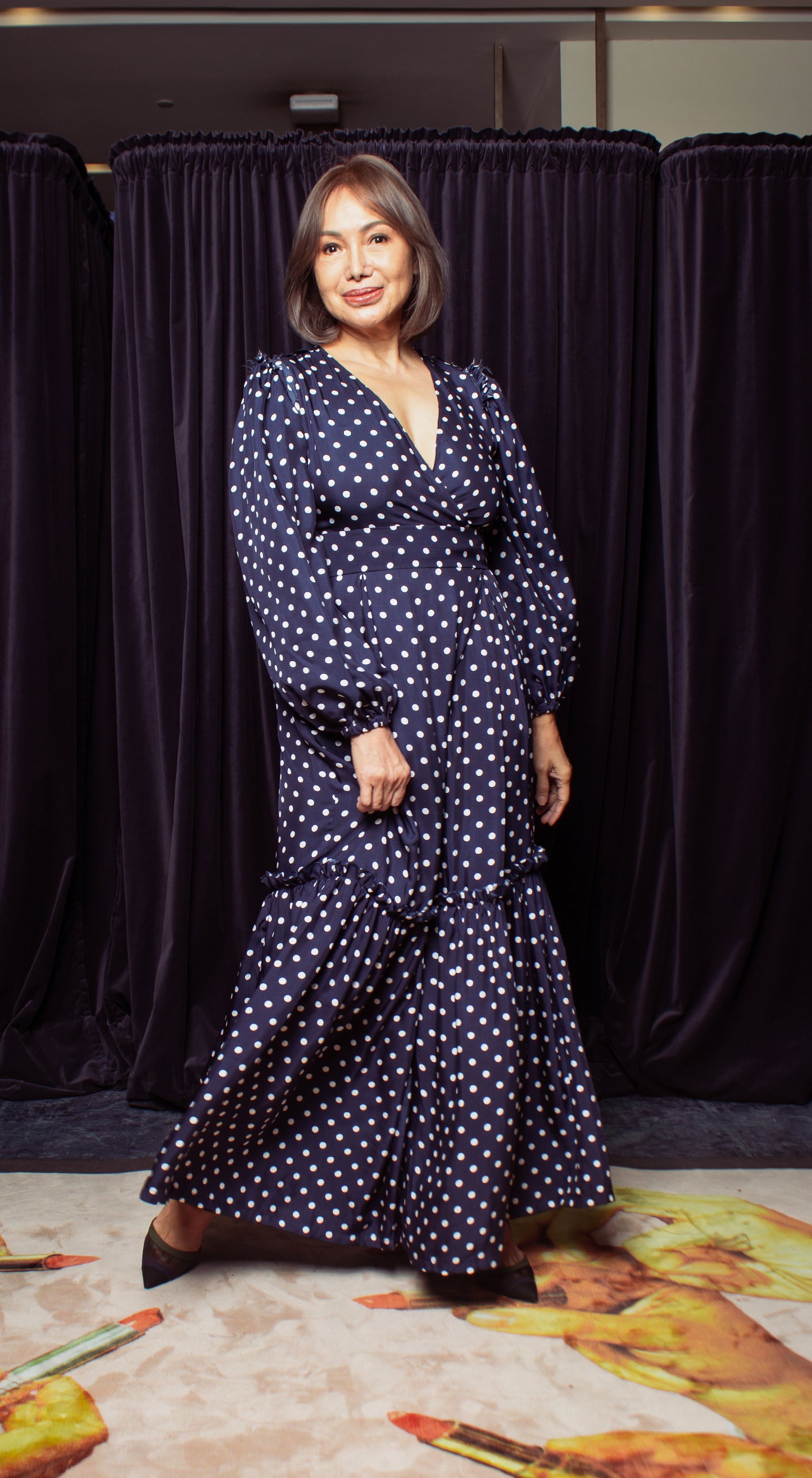 Front Wrap Jumpsuit Shirred Pants with Detachable Belt - Blue-Based Polka Dot