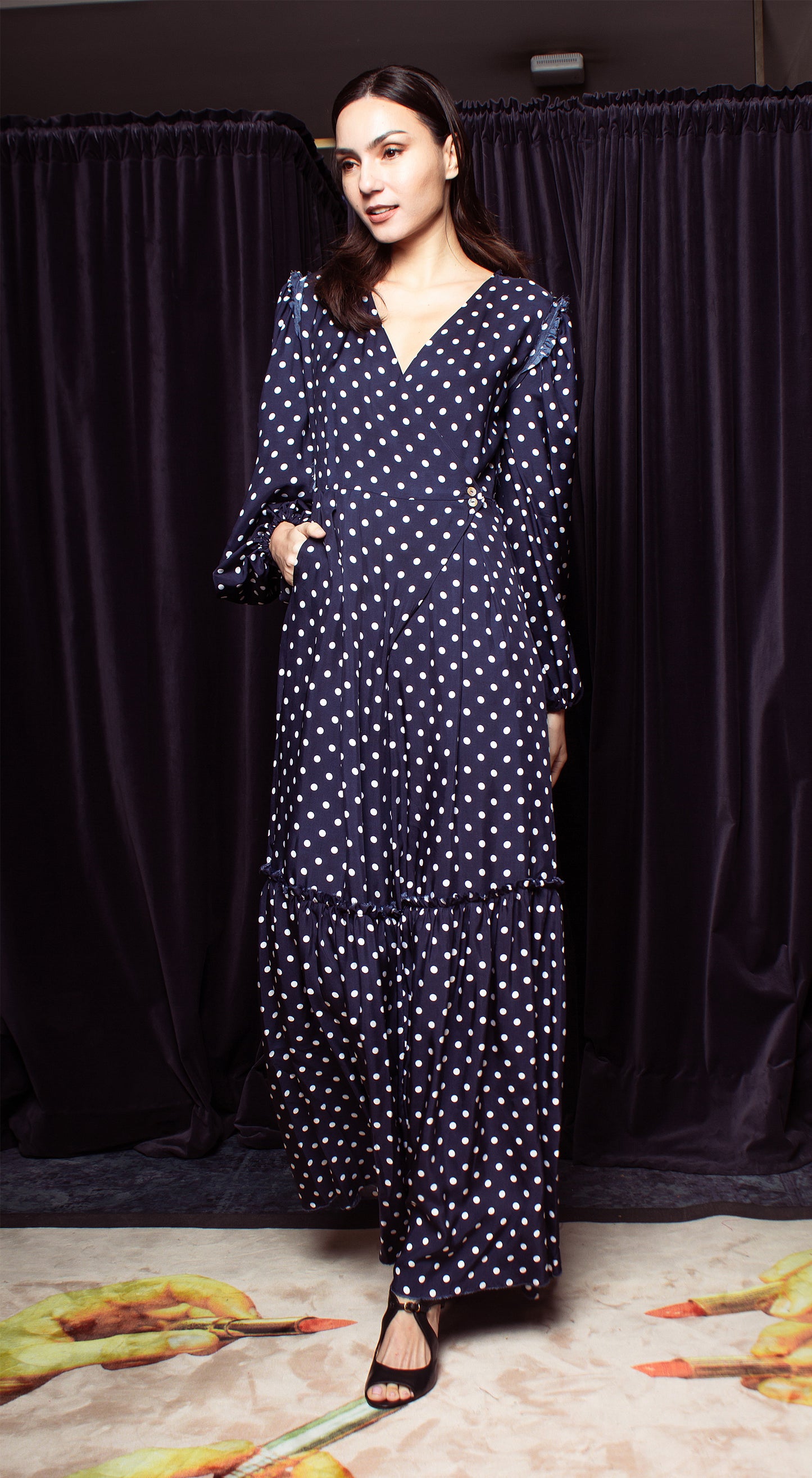 Front Wrap Jumpsuit Shirred Pants with Detachable Belt - Blue-Based Polka Dot