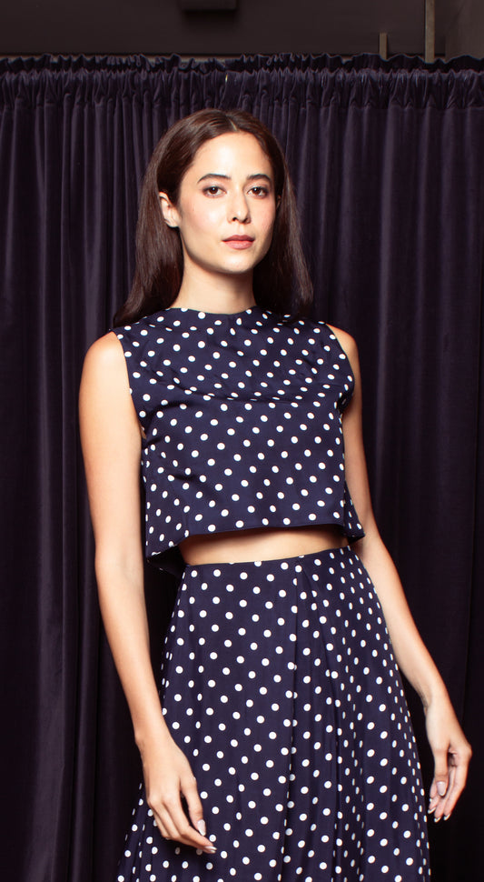 Overlap Open Back Top - Blue-Based Polka Dot