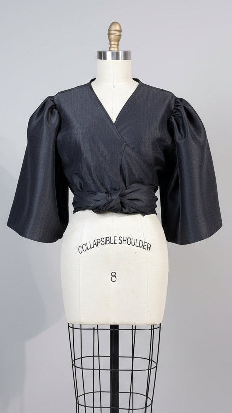 Oversized Puff Sleeve Wrap Top in Black Lightweight Matte Gazar
