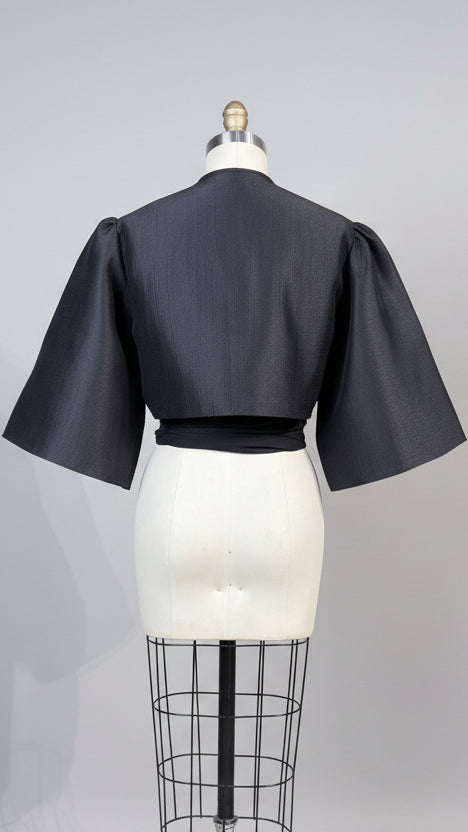 Oversized Puff Sleeve Wrap Top in Black Lightweight Matte Gazar