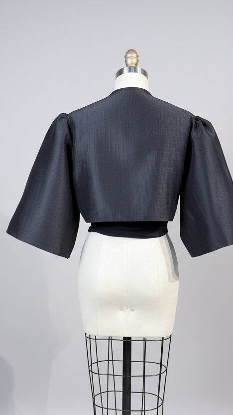 Oversized Puff Sleeve Wrap Top in Black Lightweight Matte Gazar