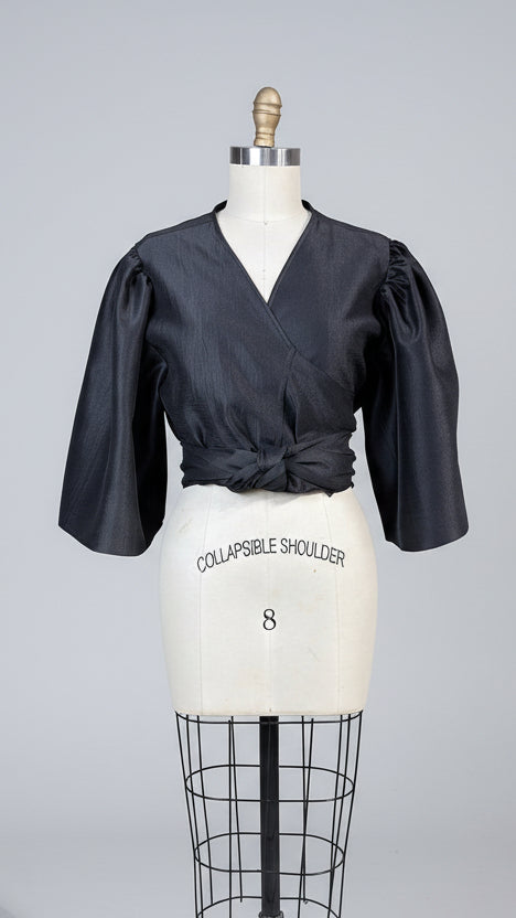 Oversized Puff Sleeve Wrap Top in Black Lightweight Matte Gazar