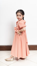 Load image into Gallery viewer, Puff Sleeve Maxi Dress with Ribbon Detail - Peach Crepe
