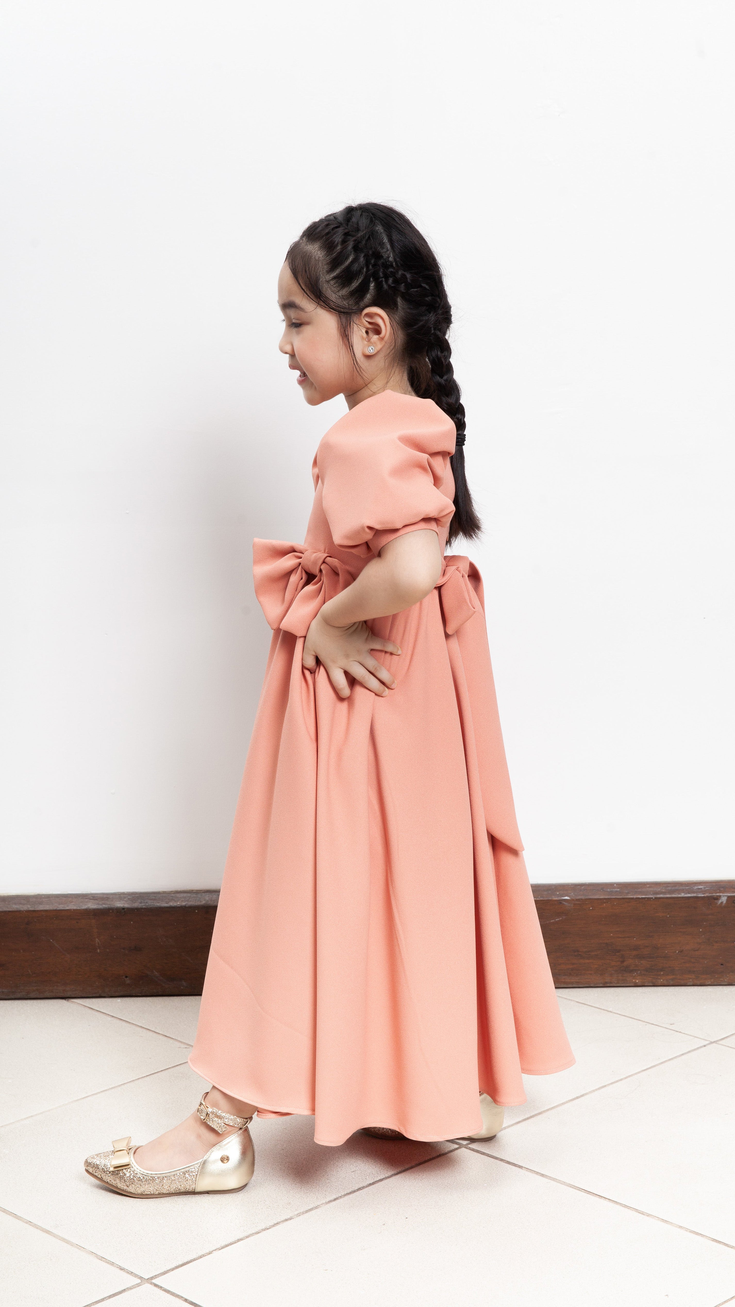 Puff Sleeve Maxi Dress with Ribbon Detail - Peach Crepe