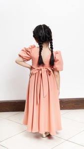 Puff Sleeve Maxi Dress with Ribbon Detail - Peach Crepe